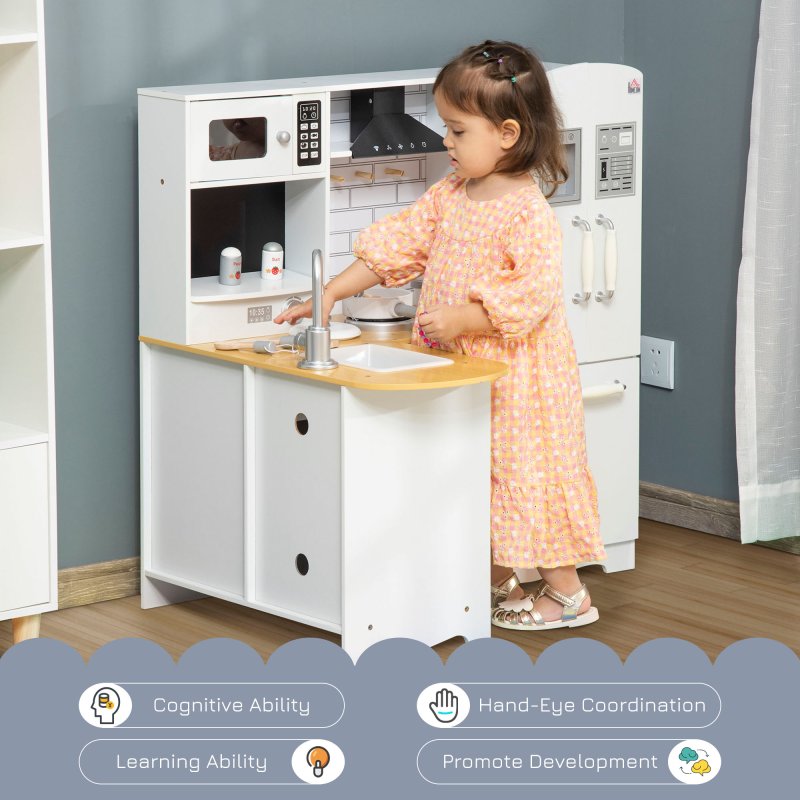 HOMCOM Toy Kitchen, Wooden Kids Kitchen with Realistic Refrigerator, Microwave, Oven, Range Hood, Sink, Telephone, Sounds, Storage Space, for 3-6 Years Old, White