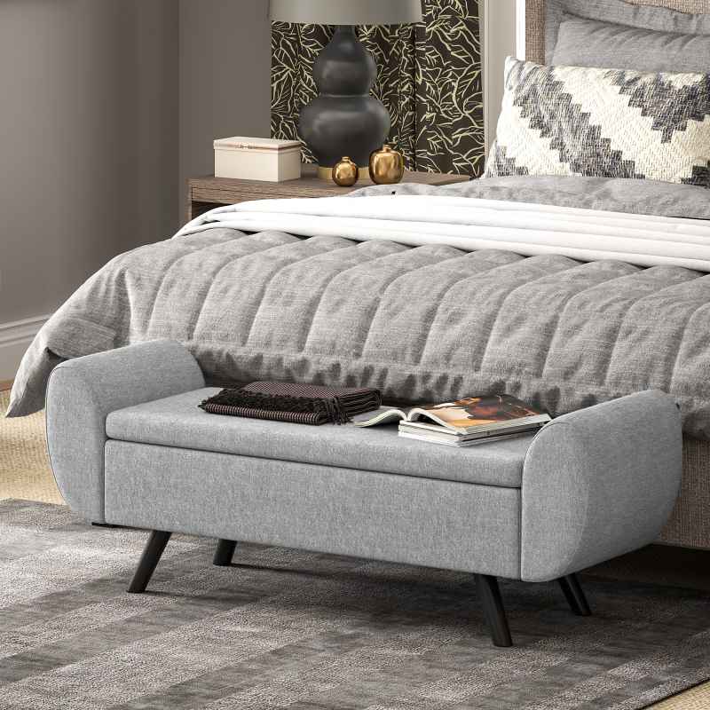 HOMCOM Storage Ottoman with Armrest, Upholstered Linen Storage Bench, Window Seat with Rubberwood Legs, Footstool for Bedroom Living Room, Hallway, Dark Grey