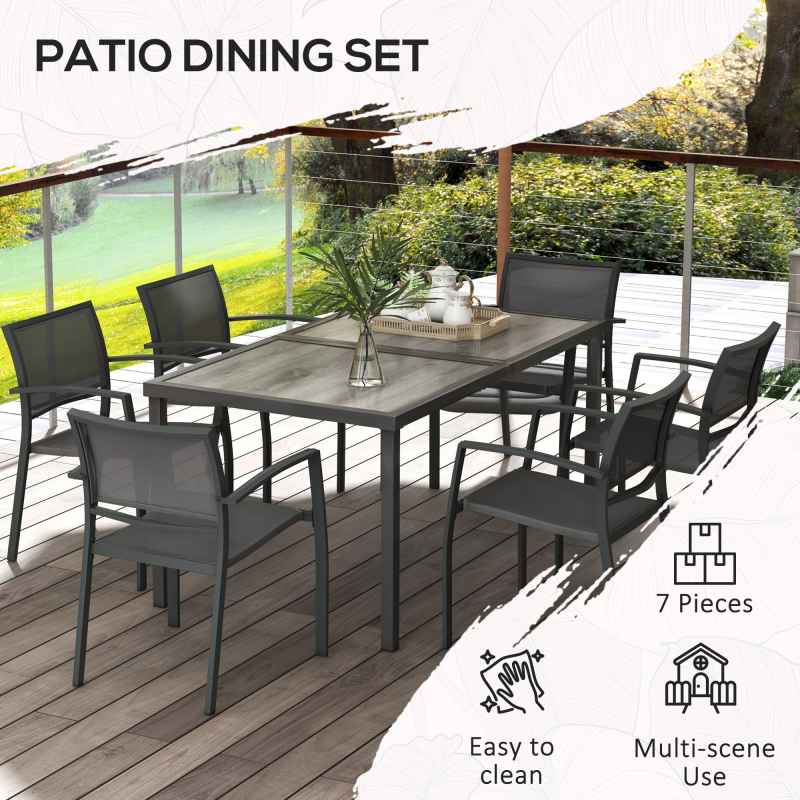 Outsunny 6 Seater Garden Dining Set, Stackable Armchairs and Wood-like Top Table, Space-Saving Outdoor Table and Chairs with Breathable Mesh Seat, Garden Furniture Set, Grey