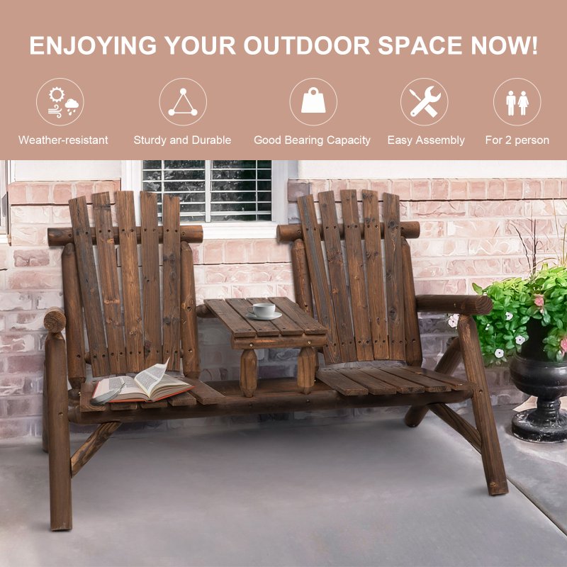 Outsunny Wood Patio Chair Bench 2 Seats with Centre Coffee Table, Garden Bench for Lounging and Relaxing Outdoors, Carbonized