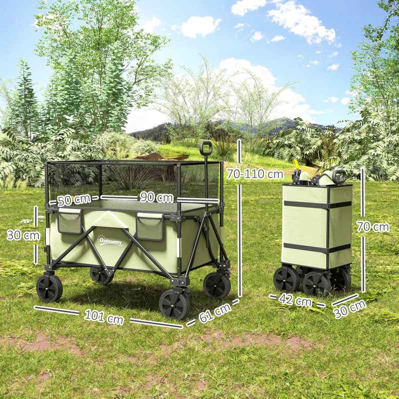 Outsunny 180L Festival Trolley on Wheels, Folding Camping Trolley Cart with Extendable Side Walls and Telescopic Handle, for Garden Beach Fishing, Light Green