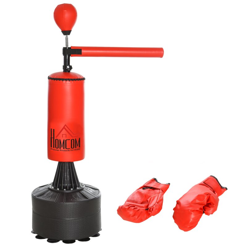 HOMCOM 155-205cm 3-IN-1 Freestanding Boxing Punching Bag Stand, Boxing Speed Trainer with Rotating Flexible Arm, Speed Ball, Fillable Base, Red