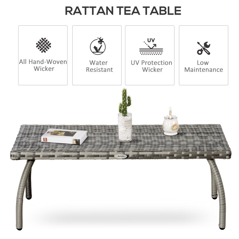 Outsunny Rattan Coffee Table, Patio Wicker Table with All-Weather Material for Garden, Balcony, Backyard, Grey