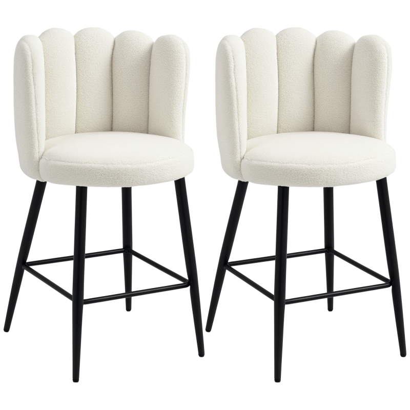 HOMCOM Bar Stools Set of 2, Faux Cashmere Upholstered Breakfast Bar Chairs, Modern Kitchen Stools with Backs, Footrest and Steel Base, Cream