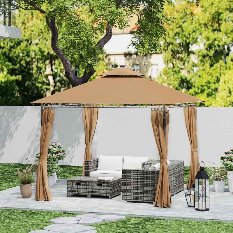 Outsunny 3 x 3 m Garden Gazebo, Double Roof Metal Gazebo with Curtains and Solar-Powered LED Lights, Outdoor Canopy Shelter for Patio, Deck, Brown