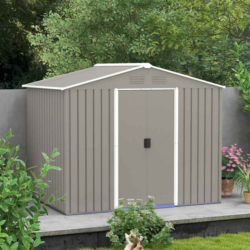 Outsunny 7.7 x 5.7ft Metal Garden Shed, Galvanised Outdoor Tool Storage House with Ventilation Slots and Sliding Doors, Light Grey