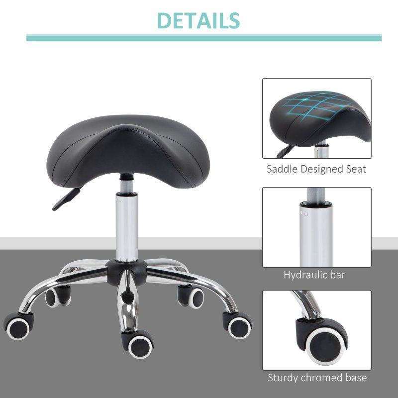 HOMCOM Cosmetic Stool 360?? Rotate Height Adjustable Salon Massage Spa Chair Hydraulic Rolling Faux Leather Saddle Stool Mobility, Black