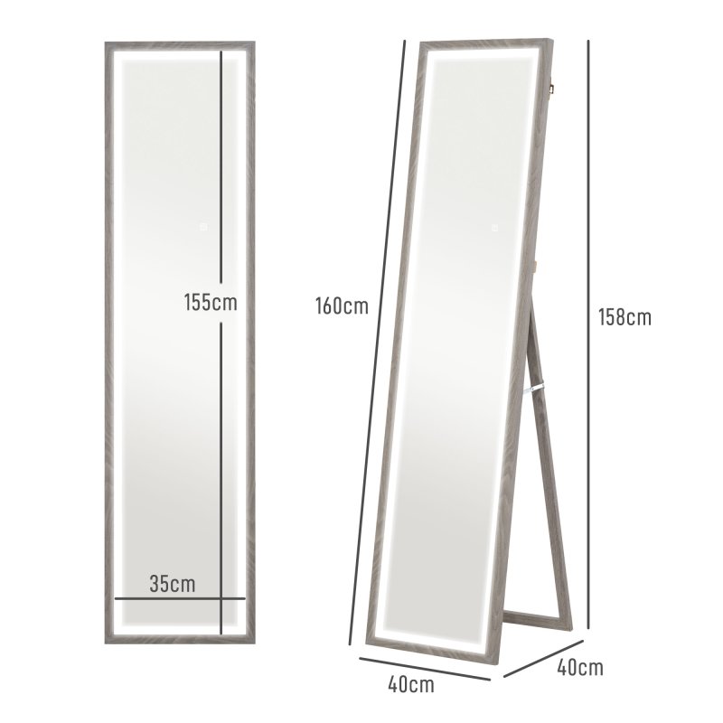 HOMCOM Full Length Mirror with LED Lights, 160 x 40cm Free Standing Mirror with Dimming and 3 Colour Lighting, Leaning or Wall Mirror with Frame for Living Room, Bedroom, Grey