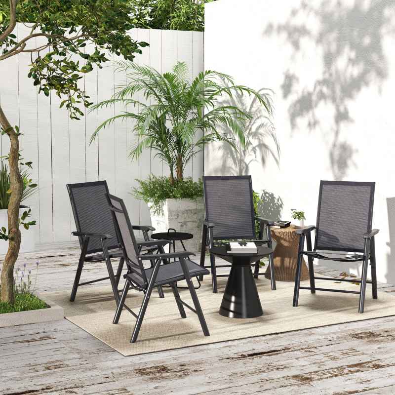 Outsunny Set of 4 Folding Garden Chairs, Metal Frame Garden Chairs Outdoor Patio Park Dining Seat with Breathable Mesh Seat, Charcoal Grey