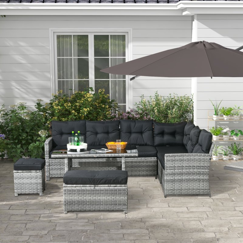 Outsunny 5 Pieces PE Rattan Garden Furniture Set with Corner Sofa, Patio Sofa Set with Glass Table, Stools, Cushions, for Poolside, Mixed Grey