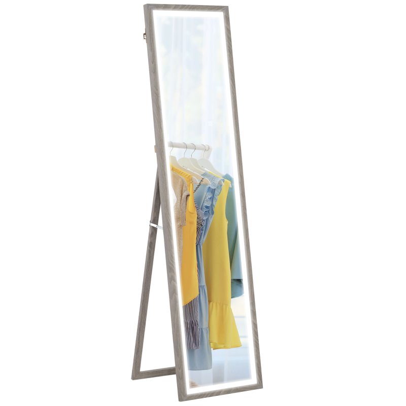 HOMCOM Full Length Mirror with LED Lights, 160 x 40cm Free Standing Mirror with Dimming and 3 Colour Lighting, Leaning or Wall Mirror with Frame for Living Room, Bedroom, Grey