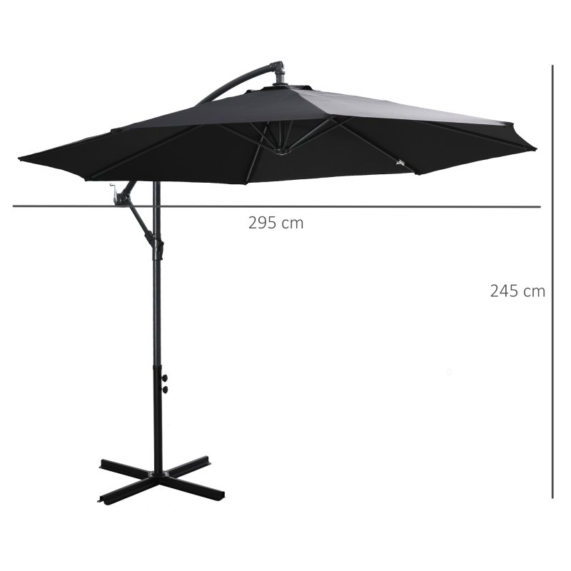 Outsunny 3(m) Garden Banana Parasol Hanging Cantilever Umbrella with Crank Handle, 8 Ribs and Cross Base for Outdoor, Sun Shade, Black
