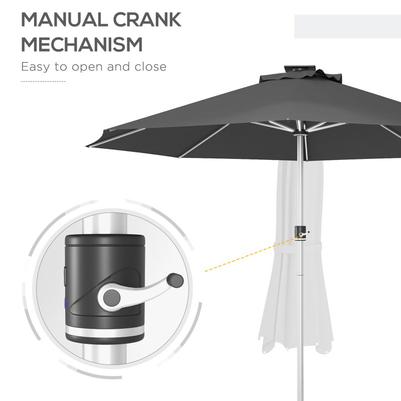 Outsunny 3(m) Solar Powered Garden Parasol with Lights, LED Lighted Deck Umbrella with 48mm Aluminium Pole, Crank, Solar Charged and USB Type-c, for Balcony, Outdoor and Lawn, Charcoal Grey