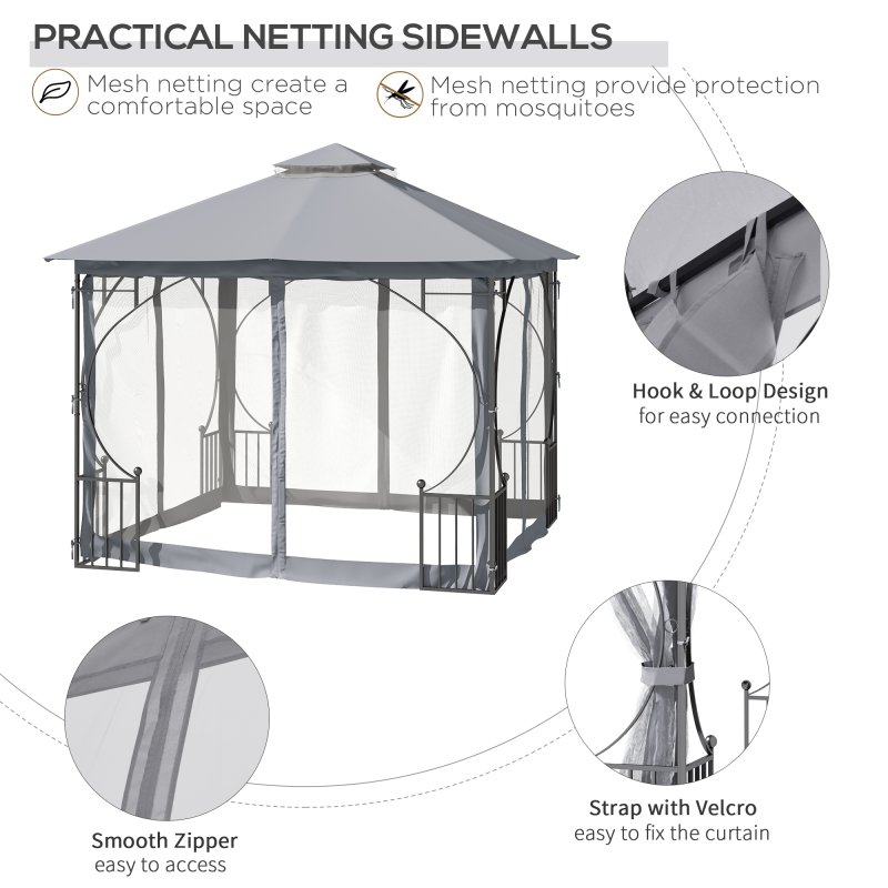 Outsunny 3 x 3m Garden Gazebo Patio Party Tent Shelter Outdoor Canopy Double Tier Sun Shade with Metal Frame and Netting, Light Grey