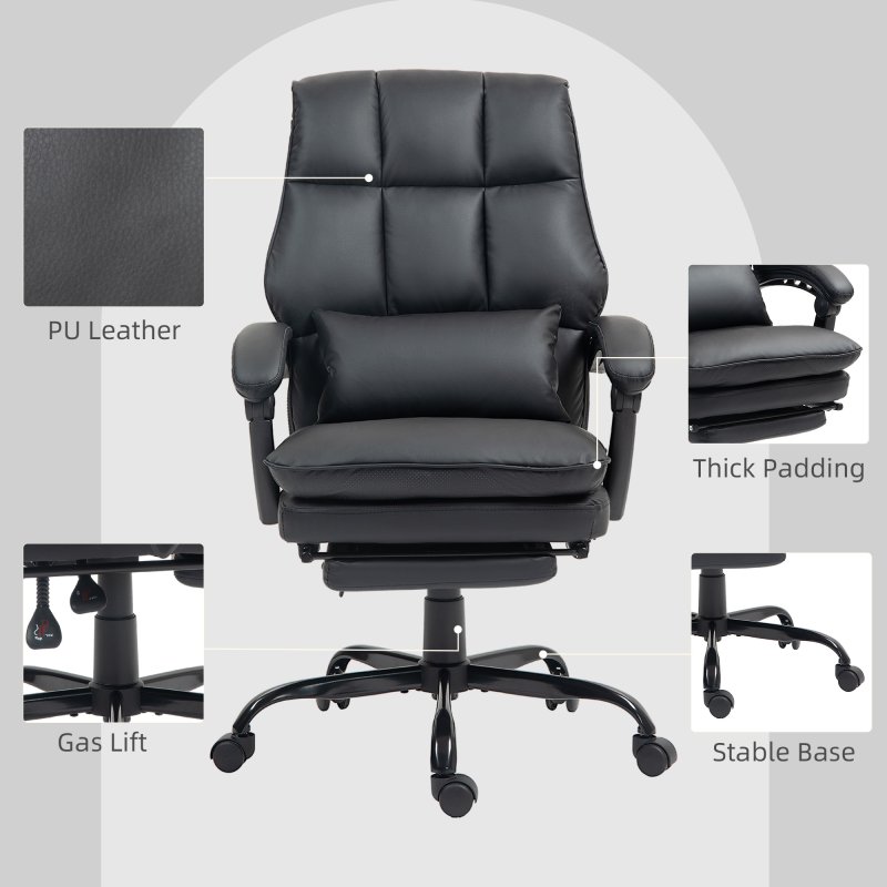 HOMCOM Executive Office Chair with Footrest, PU Leather High Back Desk Chair with Lumbar Support, Swivel Computer Chair with Adjustable Height and Padding Armrests, Black