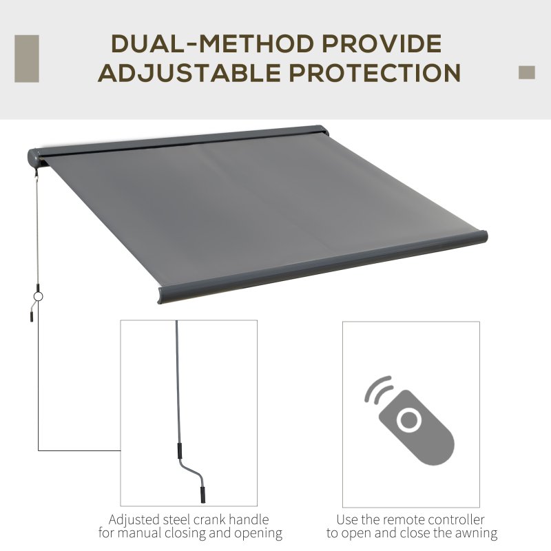 Outsunny 3.5 x 3 m Electric Awning with Remote Controller, Aluminium Frame DIY Retractable Awning, UV50+ Sun Shade Canopy for Garden Patio Deck Door Window, Grey