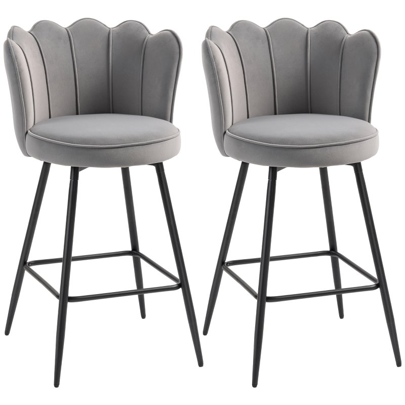 HOMCOM Bar Stools Set of 2, Modern Velvet-Feel Barstools with Petal Backrest and Footrest, Upholstered Breakfast Bar Chairs with Metal Legs for Kitchen Island Counter, Dining Room, Grey