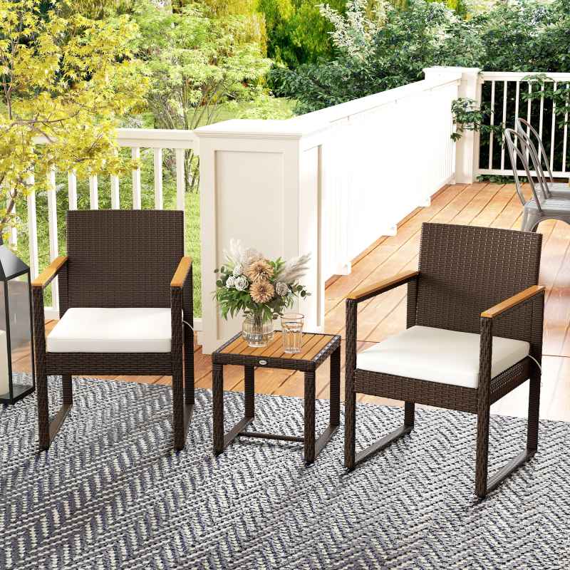 Outsunny 3-Piece Rattan Bistro Set, Patio Table and Chairs Set with Removable Cushions, Rattan Conversation Set with Acacia Wood Table & Adjustable Foot Pads for Garden Balcony, White