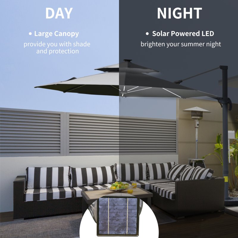 Outsunny 3(m) Cantilever Roma Parasol with LED Solar Lights, Crank & Tilt, Aluminium Frame, Cross Base and Adjustable Canopy 360 Degrees Rotating Sun Umbrella with 2-Tier Shade, Grey