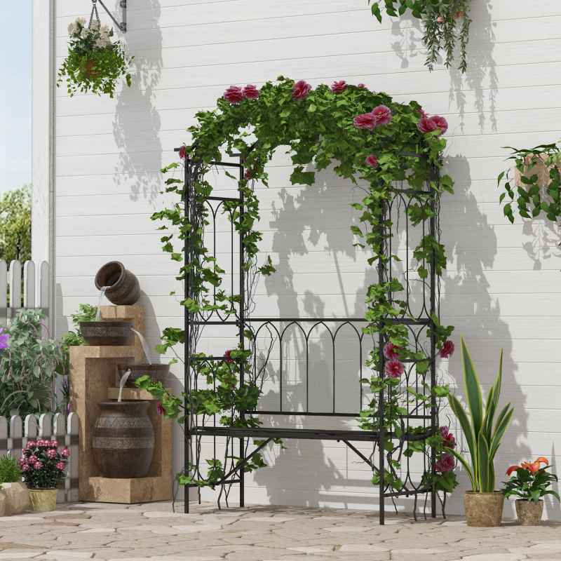 Outsunny Garden Metal Arch Bench Outdoor 2-Seater Chair, Patio Rose Trellis Arbour Pergola for Climbing Plant Vintage Classic Black 115L x 50W x 203H cm