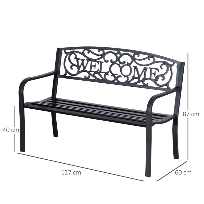 Outsunny Garden Bench, Metal Outdoor Bench Seat, 2 Seater Patio Loveseat with Welcome Backrest, Armrests and Slatted Seat, 240 KG Capacity for Park, Porch, Black
