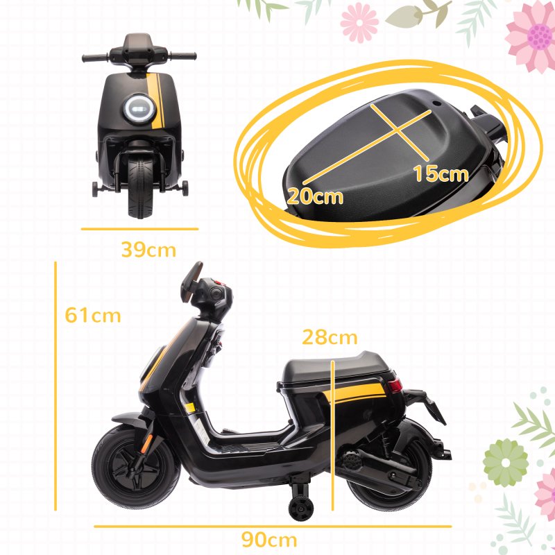 AIYAPLAY 6V Kids Electric Motorbike, Ride on Motorbike with Headlight, Music, Forward Reverse, Training Wheels, for Ages 18-36 Months, Black