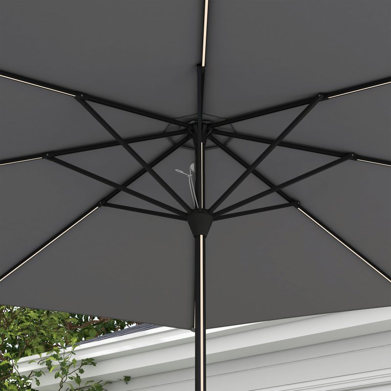 Outsunny 2.65m Garden Parasol with Lights, Solar Charged Warm Yellow LED Patio Umbrella with Crank Handle, for Balcony, Outdoor and Lawn, Charcoal Grey