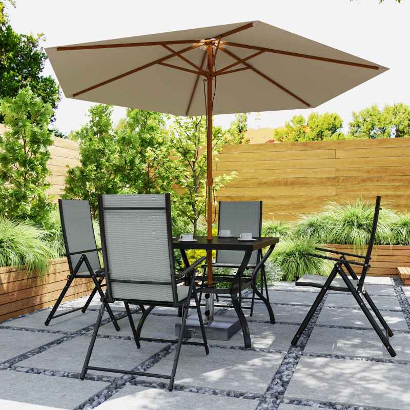 Outsunny 5 Pieces Garden Dining Set, 4 Seater Garden Furniture Set with Parasol Hole, Outdoor Dining Set with High Back Folding Chairs and Square Metal Top Table for Outdoor Patio, Grey