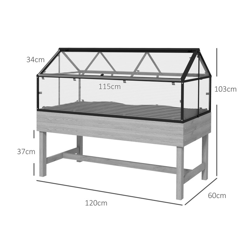 Outsunny Raised Garden Bed with Cold Frame Greenhouse, Elevated Wood Planter Box with Polycarbonate Panel and Top Vent for Vegetables, Flowers, Herbs, 120 x 60 x 103cm, Distressed Grey