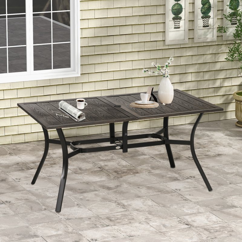 Outsunny Garden Table with Parasol Hole, Outdoor Garden Dining Table with Wood Grain Tabletop and Steel Frame for Patio, Deck, Balcony, Brown, 150 x 96 x 73cm