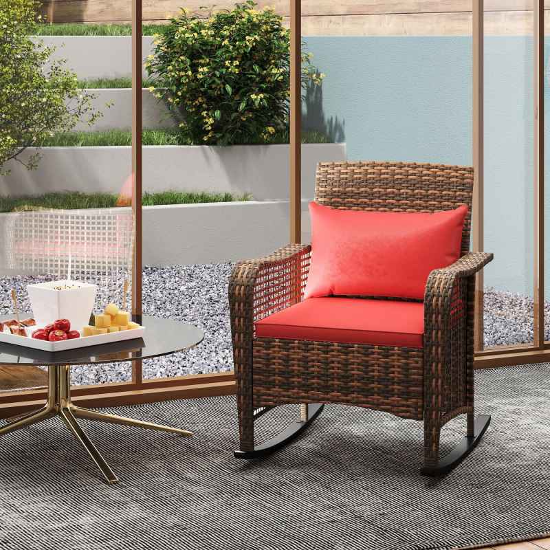 Outsunny Garden Rocking Chair, Outdoor Rattan Rocker Lounge Chair with Seat and Back Cushions, Patio Armchair Seat with All-weather Wicker, Steel Frame for Porch Balcony, Red