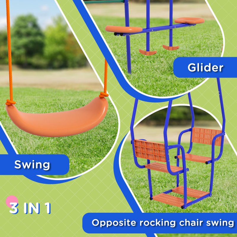 Outsunny Kid Swing Set, 3 in 1 Garden Metal Set for Outdoor with Single Swing, Glider, Rocking Chair Swing, for Toddlers 3+Years, Orange