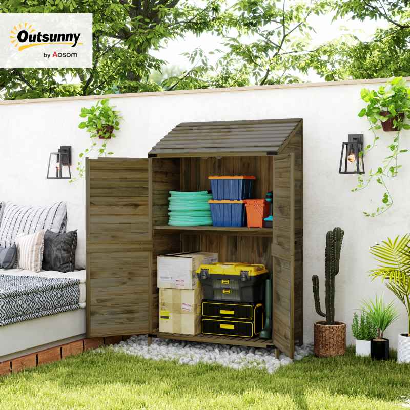 Outsunny Lean-to Small Shed, Tall Wooden Garden Shed with Slatted Bottom, Magnetic Doors, Double Shelves, Outdoor Tool Log Store, 103.5 x 59 x 174.5 cm, Olive Brown