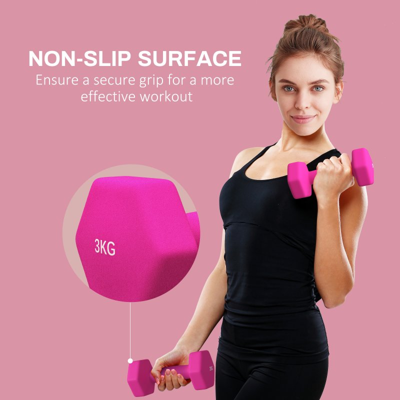 SPORTNOW Set of 2 Hex Dumbbells, Neoprene Weights Pair with Non-Slip Grip, Home Gym Fitness Training Equipment, 2 x 3kg, Pink