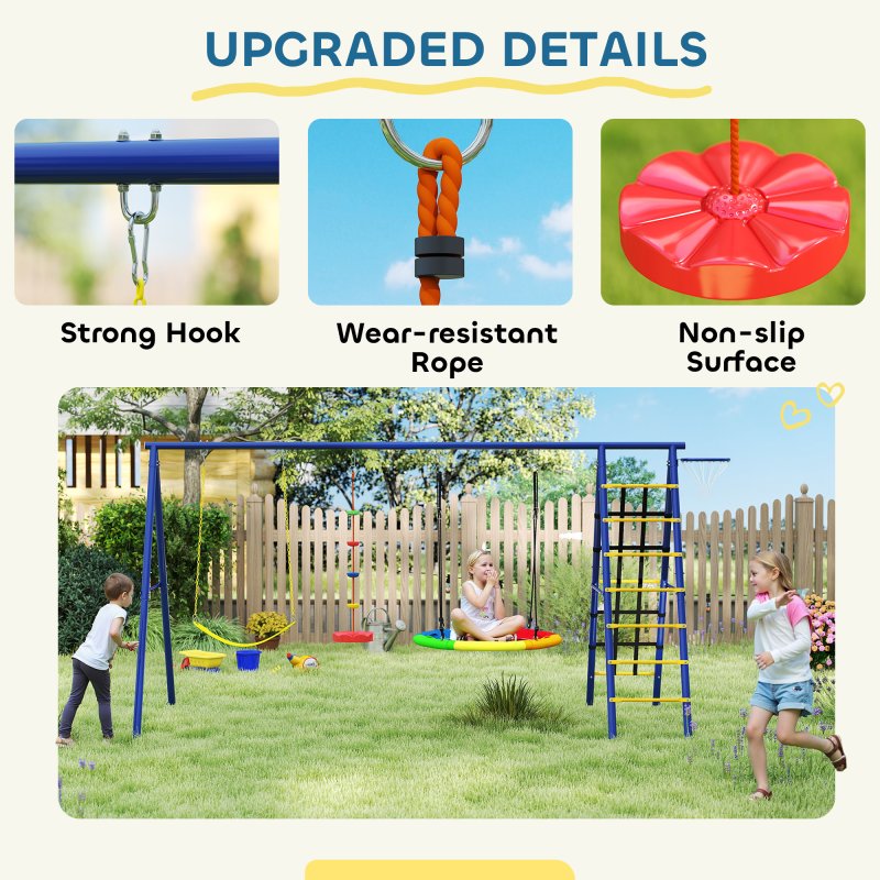 AIYAPLAY 6 in 1 Kids Swing Set, Metal Swing with 3 Swings, Basketball Hoop, Climbing Ladder and Net, Heavy Duty A-Frame Garden Swing Kids Outdoor Children Playground for Ages 3-8