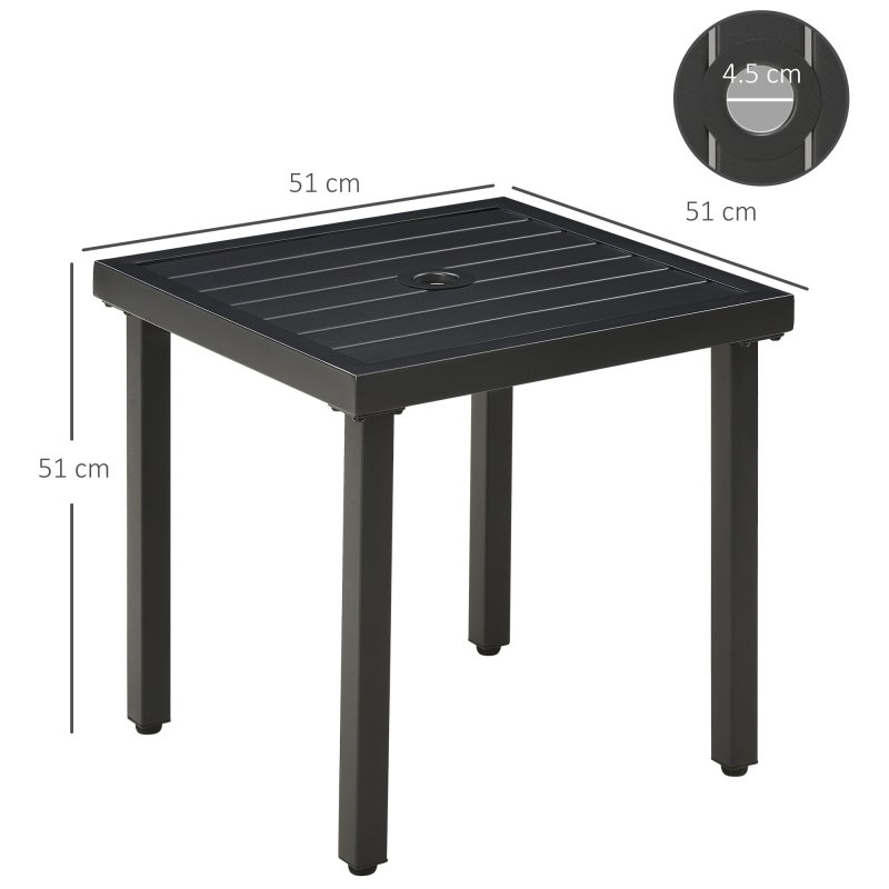 Outsunny Garden Side Table, 51x51cm Square Patio Coffee Table with Umbrella Hole, End Table with Steel Frame for Balcony, Black