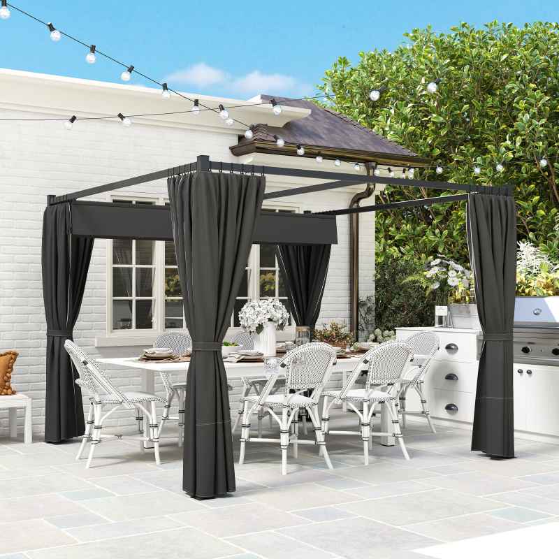 Outsunny 3 x 3(m) Pergola with Retractable Roof Canopy and Curtains, Metal Frame Garden Gazebo Outdoor Sun Shade Shelter for Grill, Patio, Deck, Charcoal Grey