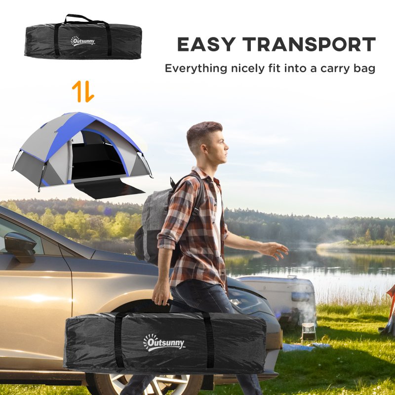 Outsunny Camping Tent, 2 Man Dome Tent, 3000mm Waterproof, with Sewn-in Groundsheet, Carry Bag and Top Hook, for Fishing Hiking Festival, Grey and Dark Blue