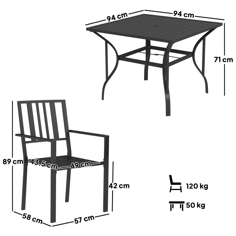 Outsunny 5 Pieces Garden Dining Set with Cushions, Outdoor Patio Table and 4 Stackable Chairs, Metal Top Table with Umbrella Hole, Black