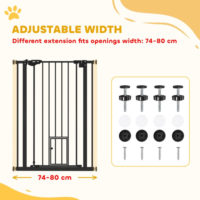 PawHut Extra Tall Dog Gate with Cat Flap, Pet Safety Gate for Doorways Stairs with Auto Close Double Locking, 104 cm Tall 74-80 cm Wide, Black