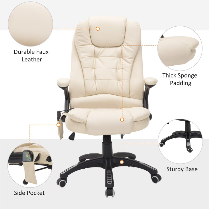 HOMCOM 6-Point Massage Office Chair with Seat Heated for Home Office, PU Leather High Back Executive Desk Chair with Adjustable Height and 360° Swivel for Work Study