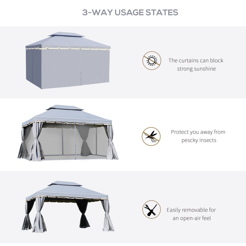 Outsunny 3 x 4m Aluminium Garden Gazebo, Marquee Canopy Shelter Pavilion Party Tent with Nets and Curtains for Garden and Deck, Grey