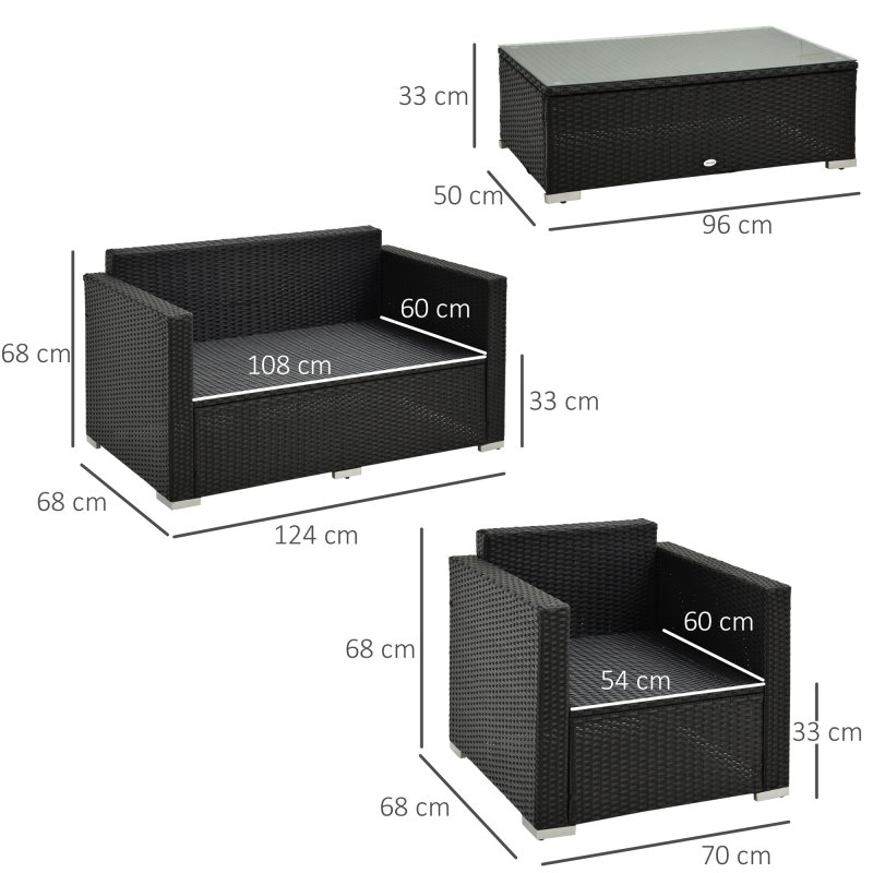 Outsunny 4 Pieces Outdoor PE Rattan Sofa Set with Cushions, Patio Wicker Conversation Furniture Set with Glass Top Coffee Table, Black