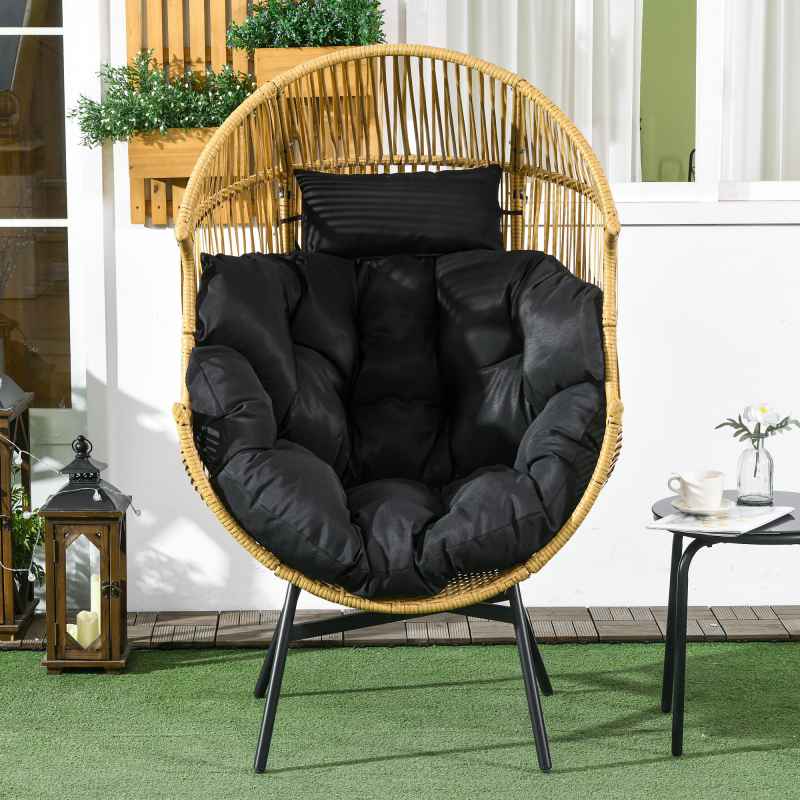 Outsunny Garden Egg Chair with 14cm Thick Seat Cushion, PE Rattan Leisure Chair with Comfortable Headrest, Adjustable Feet, Steel Frame, Sand
