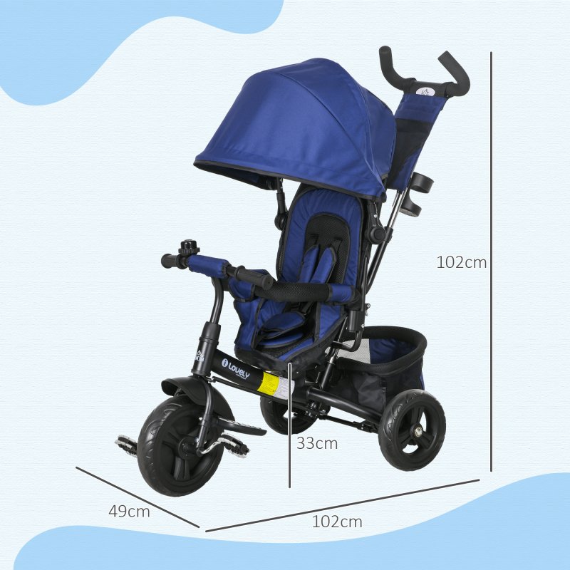 HOMCOM 6 in 1 Trike, Kids Tricycle, Pedal Push Bike w/ Push Handle, Removable Canopy, 5-point Safety Belt, Storage, Cushion, Footrest, Brake, for 1-5 Years Toddler