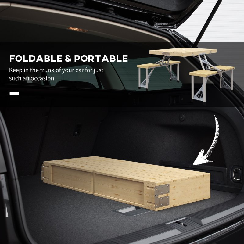 Outsunny Folding Wooden Picnic Table with Seats and Umbrella Hole, Aluminium Frame Portable Camping Table and Chairs Set, for Patio, Yard, Porch and Garden