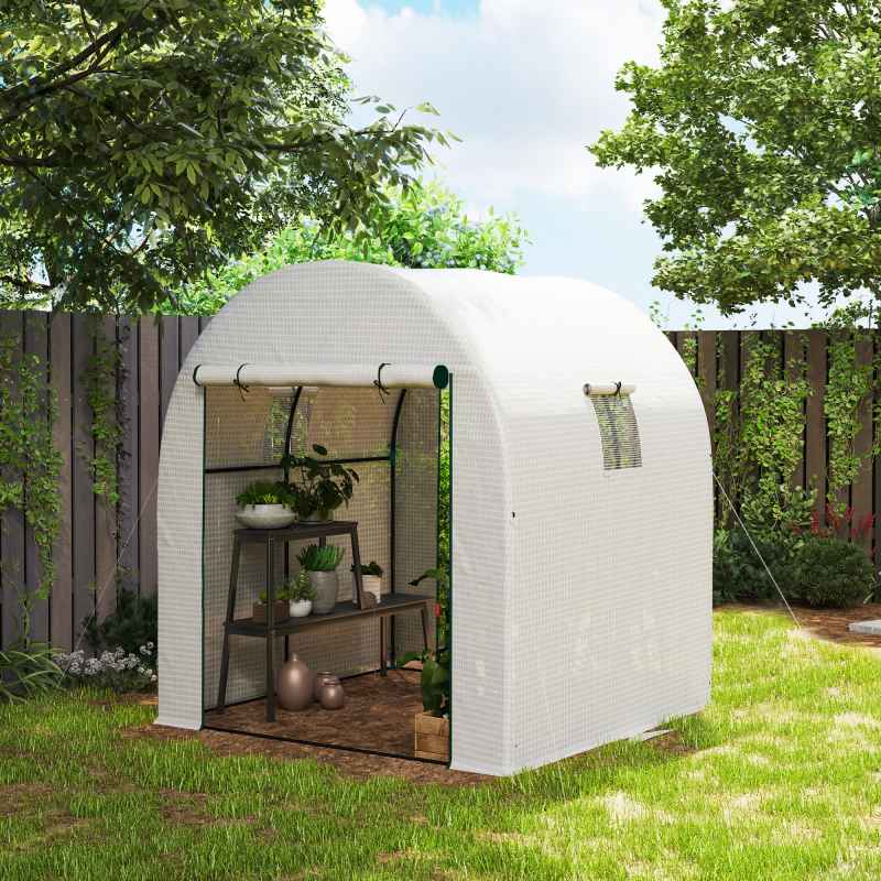 Outsunny 1.8 x 1.8 x 2m Polytunnel Greenhouse with Doors and Mesh Windows, Walk-in Grow House Tent with UV-resistant PE Cover and Steel Frame, White