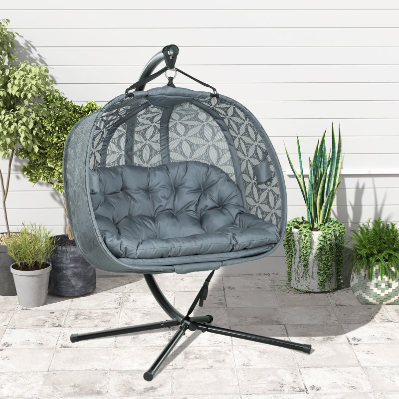 Outsunny Outdoor Double Hanging Chair, Swing Chair with Metal Stand, Thick Padded Cushion, Foldable Basket and Cup Holders, for Indoor and Outdoor, Charcoal Grey