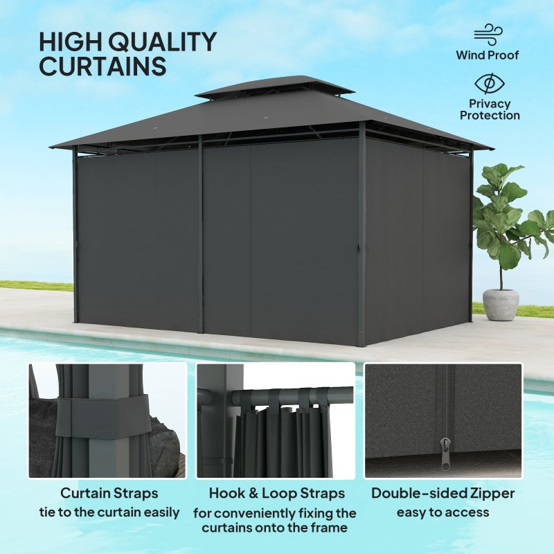 Outsunny 4m x 3(m)Garden Gazebo, Double Roof Outdoor Gazebo Canopy Shelter with Curtains, Solid Steel Frame for Patio, Garden, Black