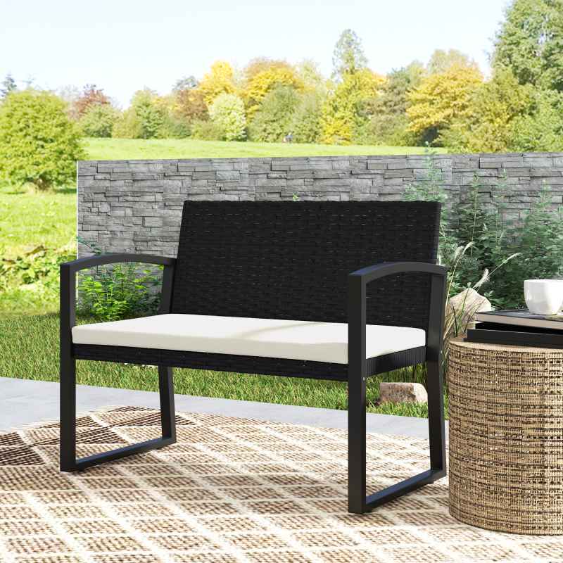 Outsunny 2 Seater Rattan Garden Bench, Outdoor Bench with Cushion, PE Wicker Garden Loveseat with Armrests, Galvanised Steel Frame for Patio, Park, Black